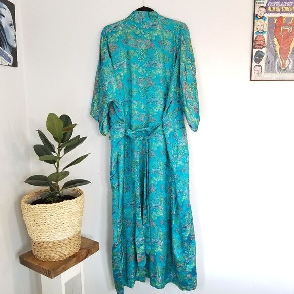 Vintage Satin Brocade Turquoise Embroidered Dressing Robe Lounge Wear Kimono L - Picture 3 of 8